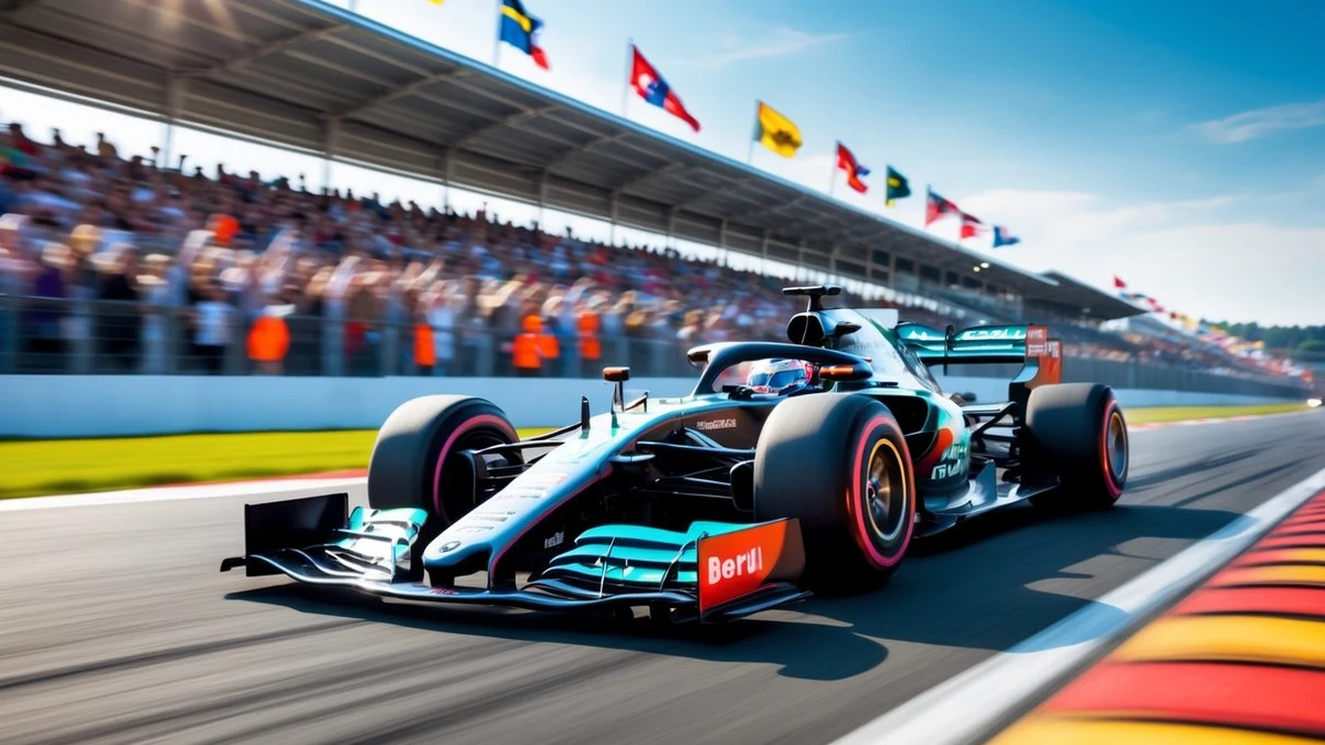 Formel 1-bil på banan framför fullsatt läktare med flaggor