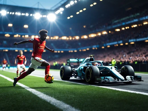 Fotbollsspelare och Formel 1-bil sida vid sida på gräsplanen