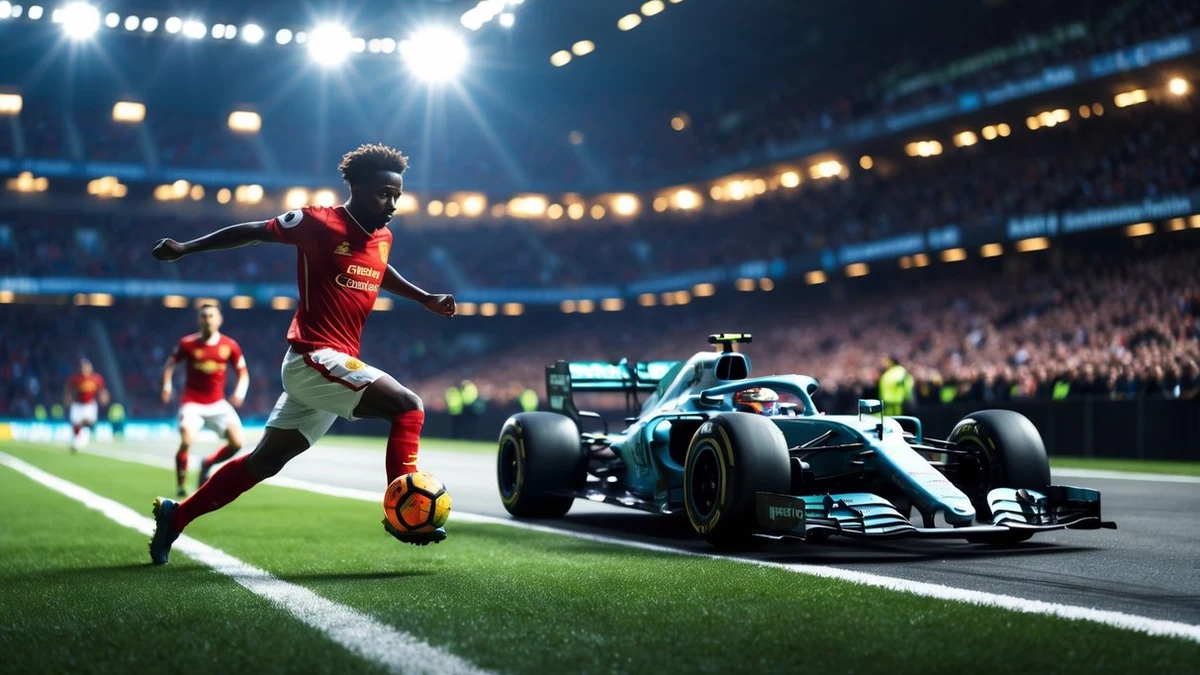 Fotbollsspelare och Formel 1-bil sida vid sida på gräsplanen