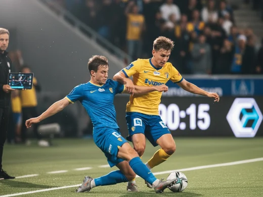 Två fotbollsspelare i närkamp om bollen under kvällsmatch