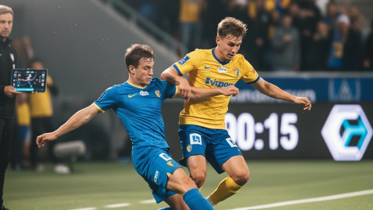 Två fotbollsspelare i närkamp om bollen under kvällsmatch