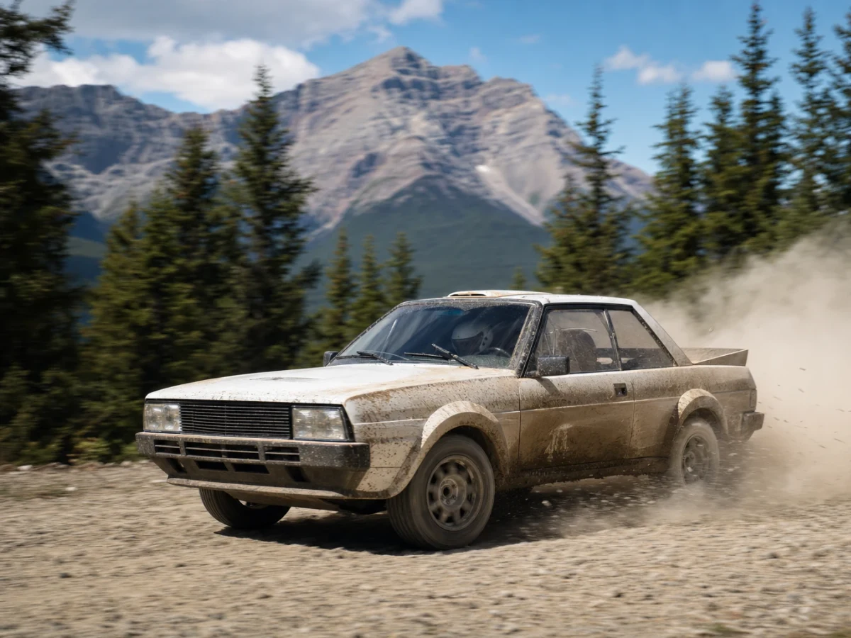 Fyrhjulsdriven Audi Sport Quattro-rallybil i högt tempo på grusväg