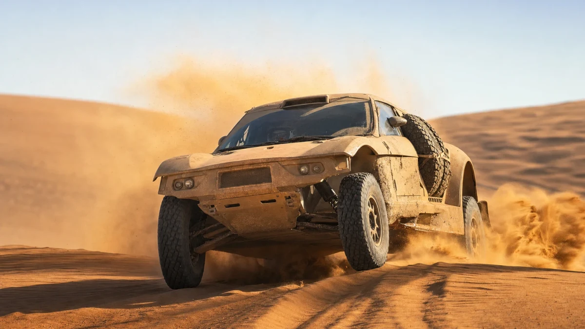Rallybil som kör genom ökensand i ett rally raid av Dakars typ