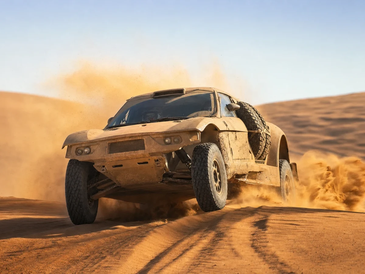 Rallybil som kör genom ökensand i ett rally raid av Dakars typ