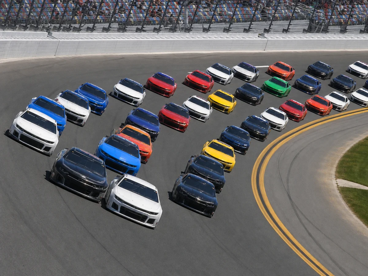 Stockcar-bilar i tät klunga på den doserade superspeedwayn i Daytona