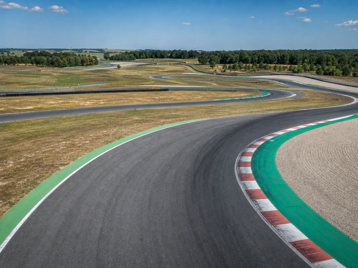 Flygbild över en Formel 1-bana med kurvor och rakor