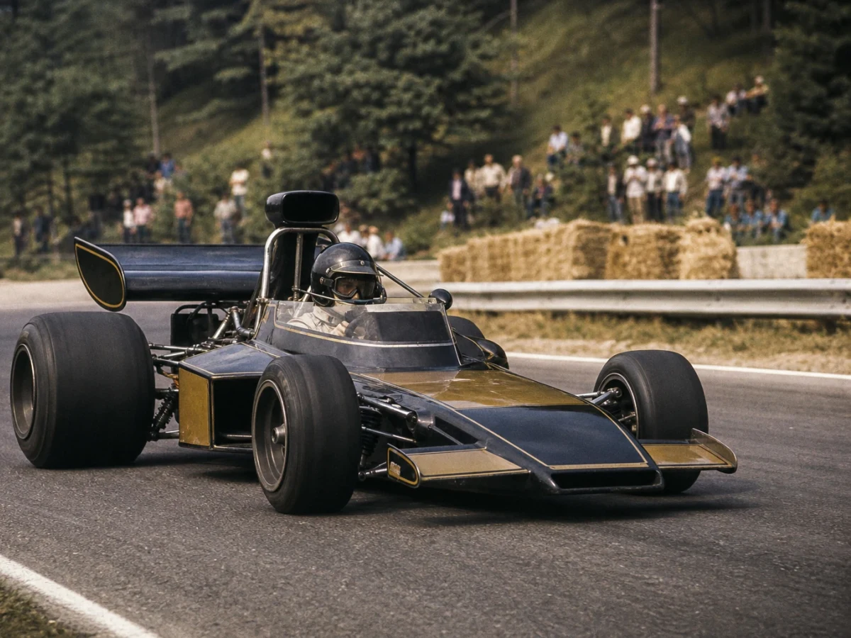 En klassisk kilformad Formel 1-bil från tidigt 1970-tal.