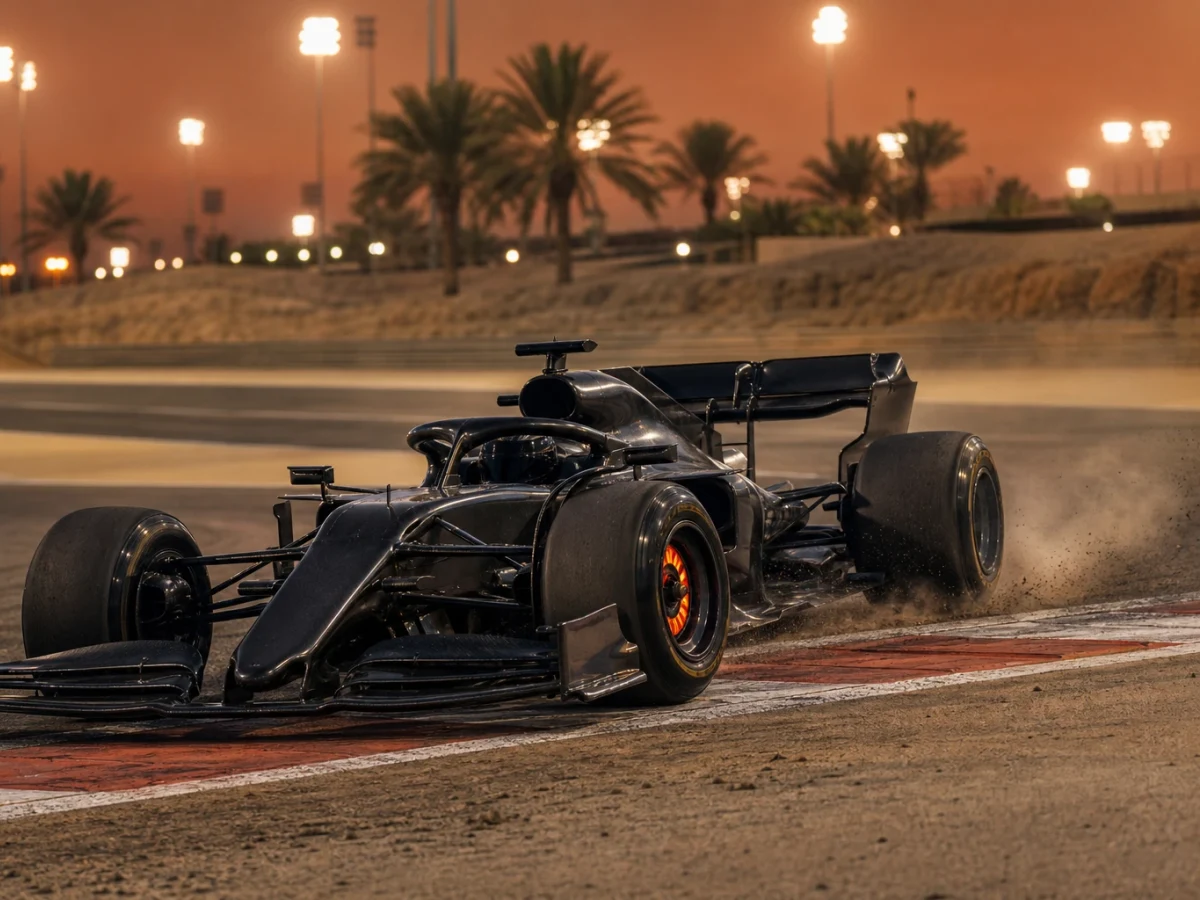 F1-bil under Bahrains Grand Prix på den strålkastarbelysta banan i Sakhir