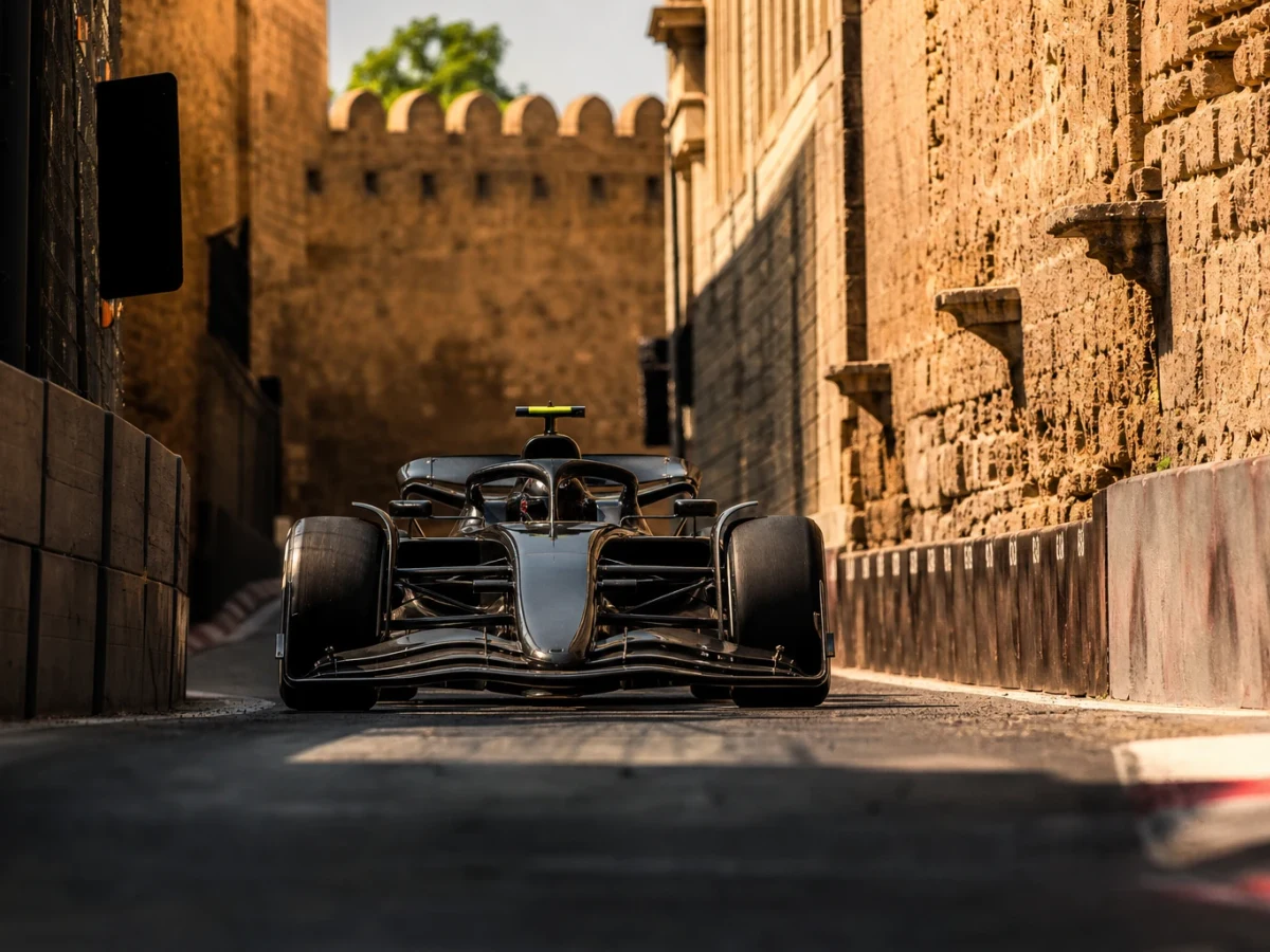 F1-bil på Baku City Circuit med stadsfasader och murar längs banan