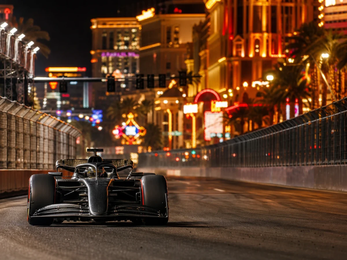 F1-bil på en upplyst gatubana med neonljus, illustrerar Las Vegas Grand Prix