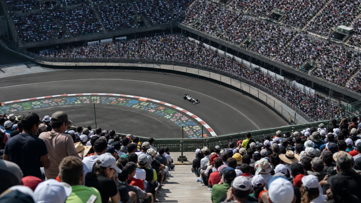 Formel 1-bil genom stadionsektionen på Autódromo Hermanos Rodríguez i Mexico City