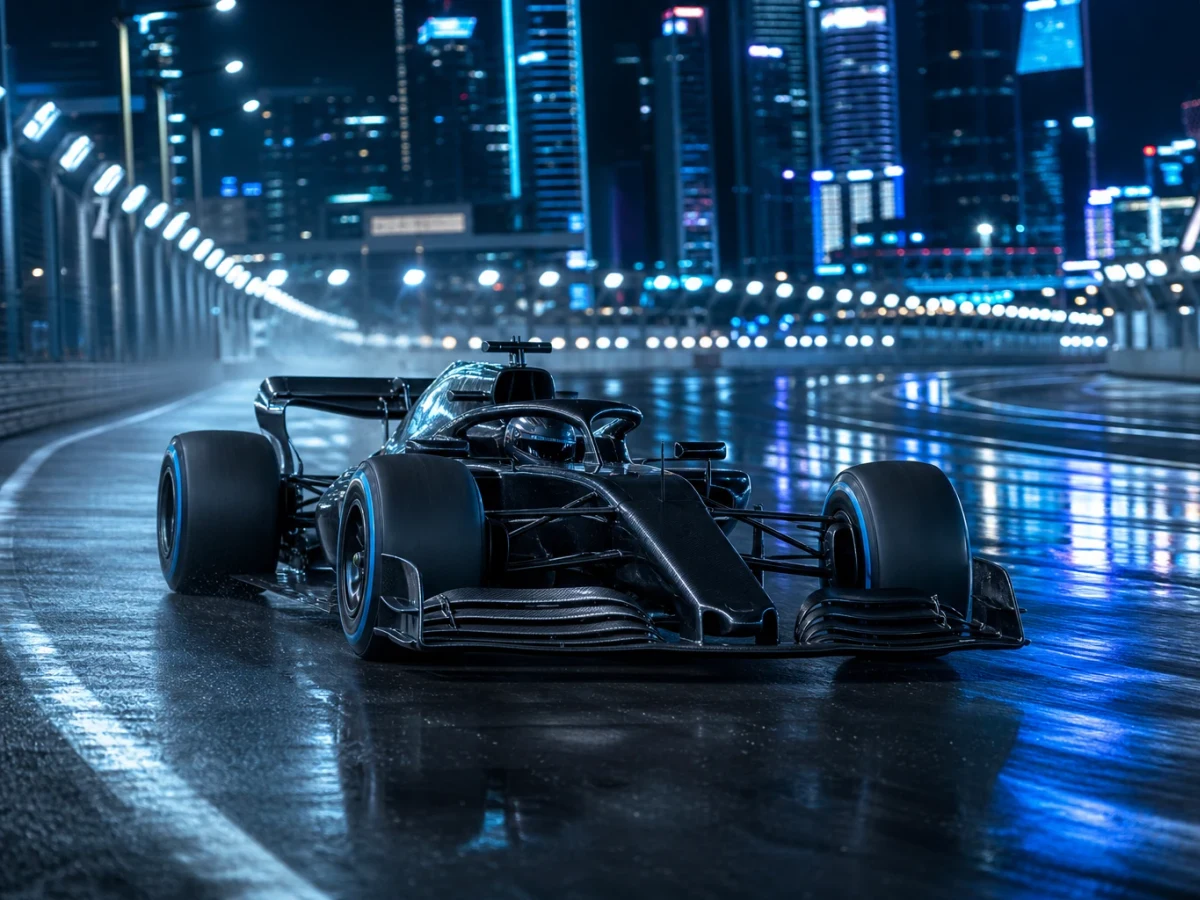Formel 1-bil på det upplysta gatloppet runt Marina Bay i Singapore om natten