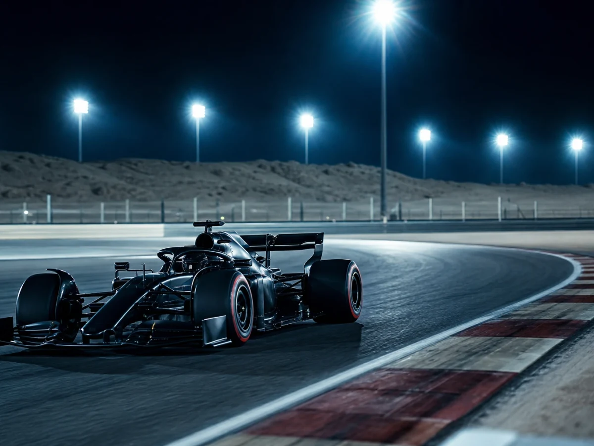 F1-bil på nattbelyst bana som illustrerar Qatars Grand Prix