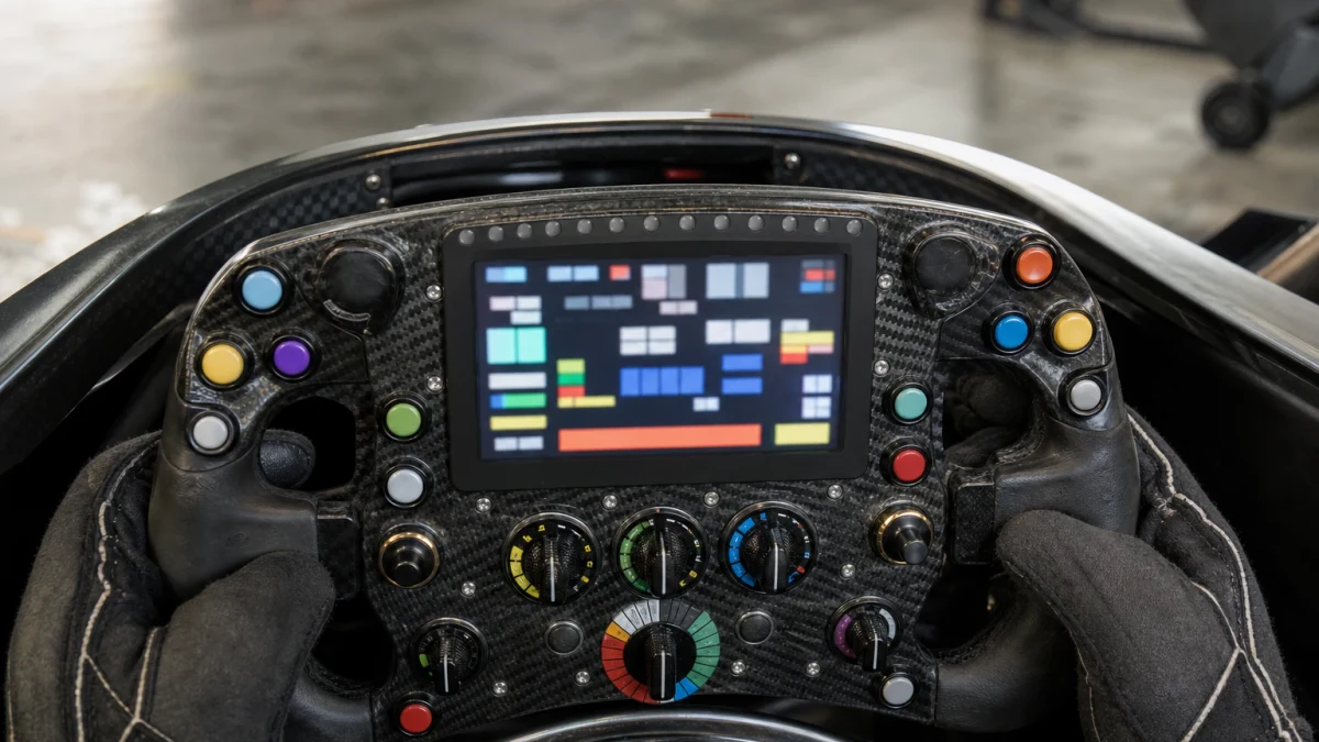 Motorsportmiljö som illustrerar en Formel 1-ratt med reglage och skärm