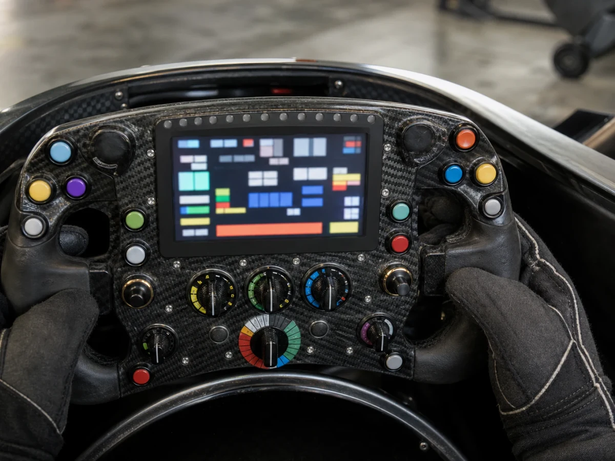 Motorsportmiljö som illustrerar en Formel 1-ratt med reglage och skärm