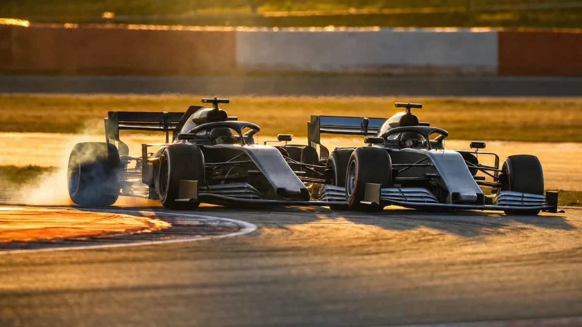 F1-bilar tätt samlade i starten av ett sprintlopp