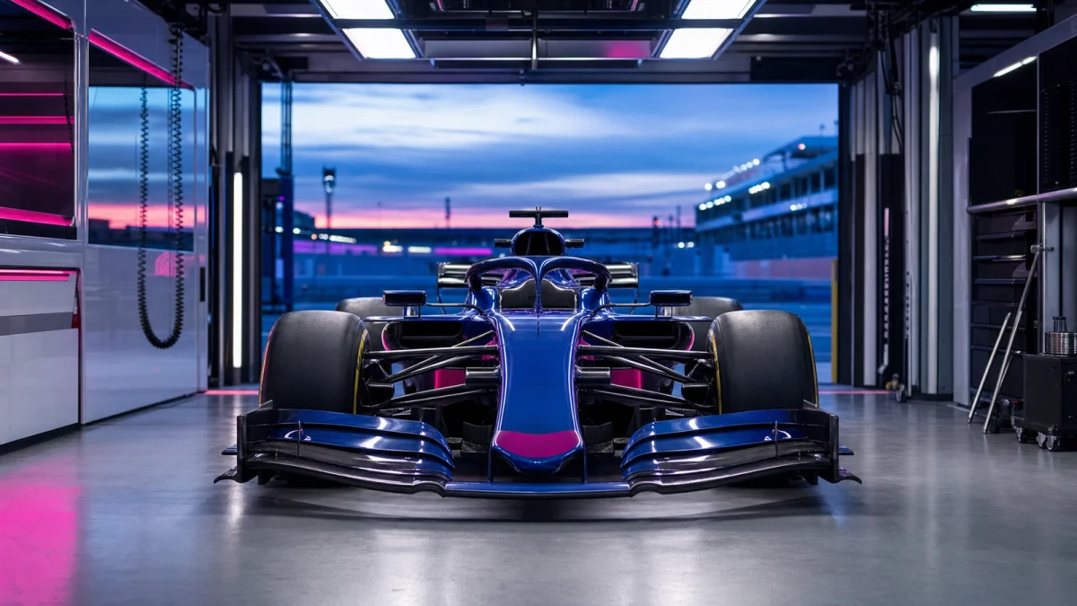En F1-bil i blårosa färgställning under en träning