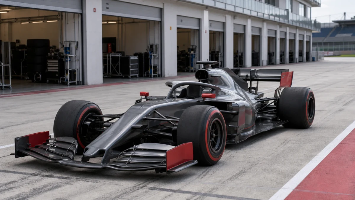 En F1-bil i depågränden inför en träningssession