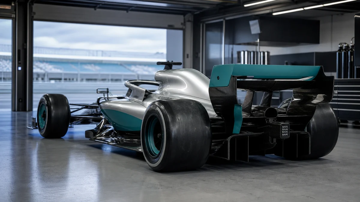En silverfärgad F1-bil under en träningssession