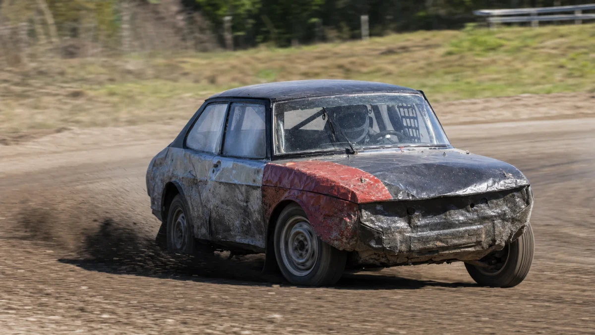 Folkracebilar i tät kamp på en grusbana med lera och damm