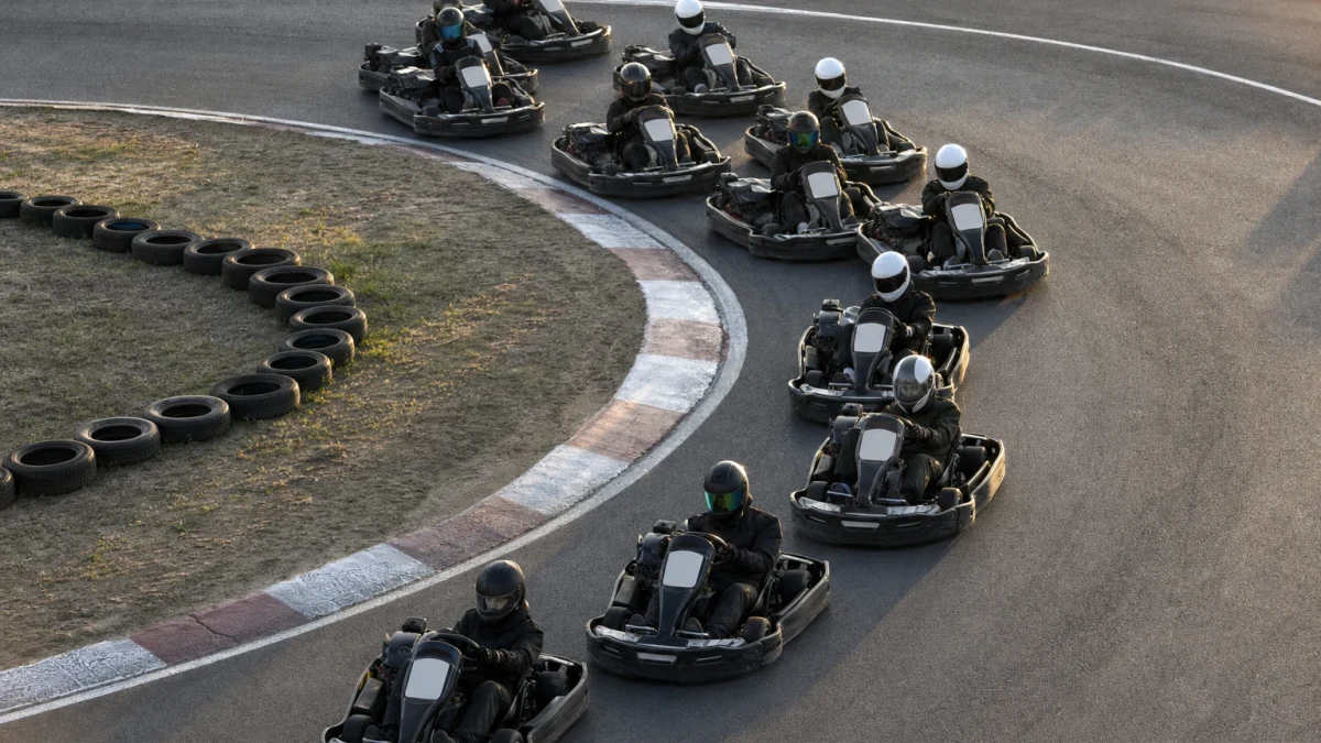Förare i gokart med hjälm på väg in i en kurva på en kartingbana