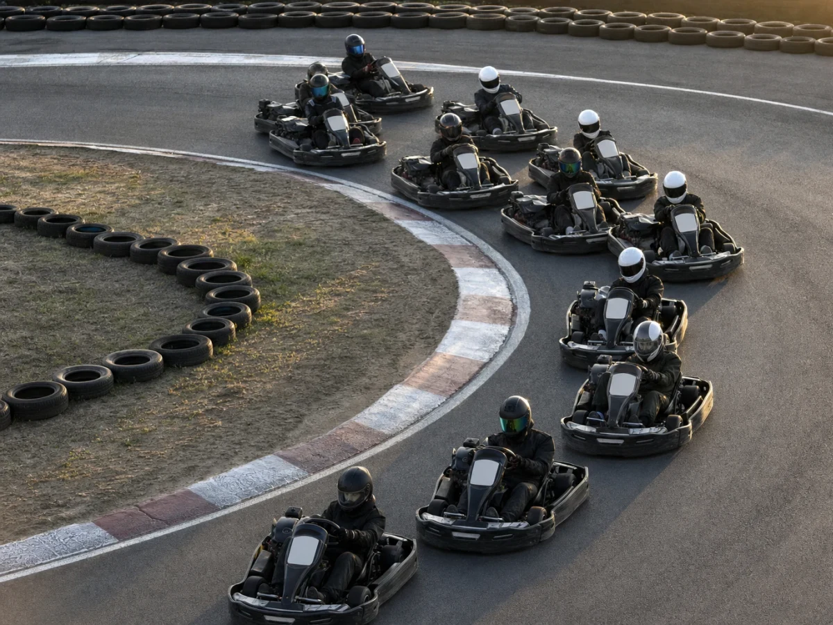 Förare i gokart med hjälm på väg in i en kurva på en kartingbana