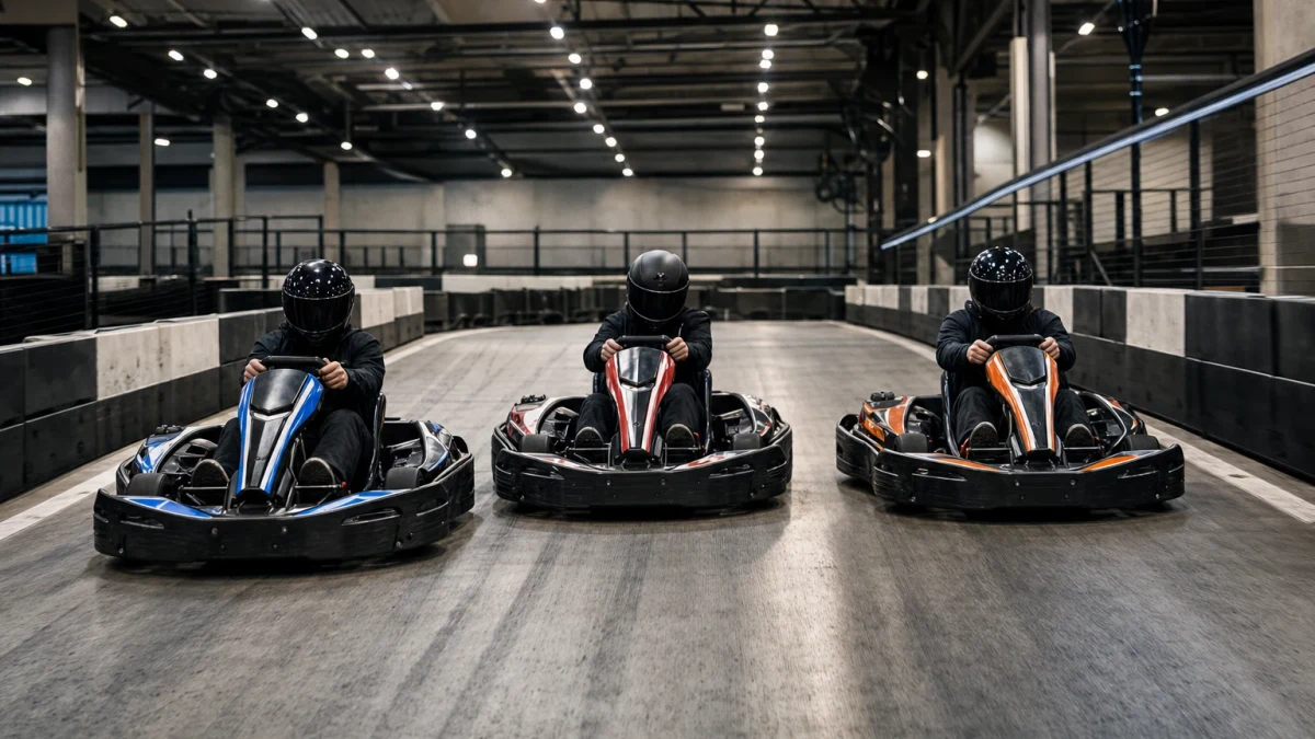 Gokartförare i färgglada karter på en inomhusbana, illustrerar gokart i Helsingborg.