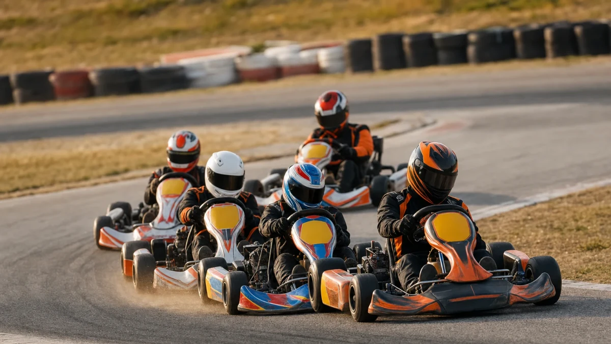 Gokartförare i färgglada karter på en bana, illustrerar gokart i Lidköpingstrakten