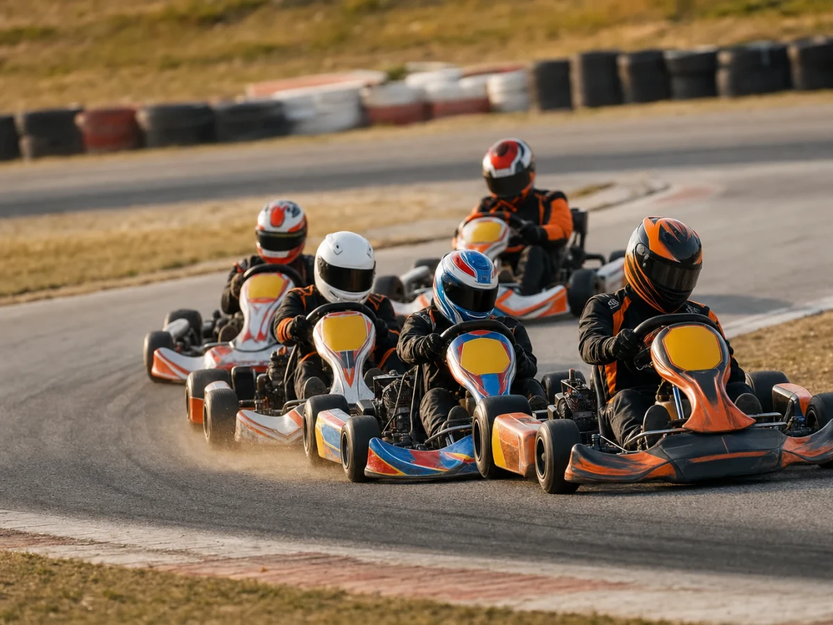 Gokartförare i färgglada karter på en bana, illustrerar gokart i Lidköpingstrakten