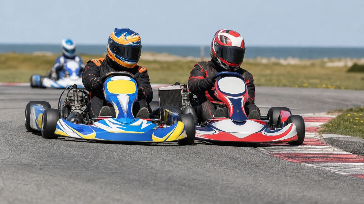 Gokartbana med förare i färgglada karter, illustrerar gokart på Öland