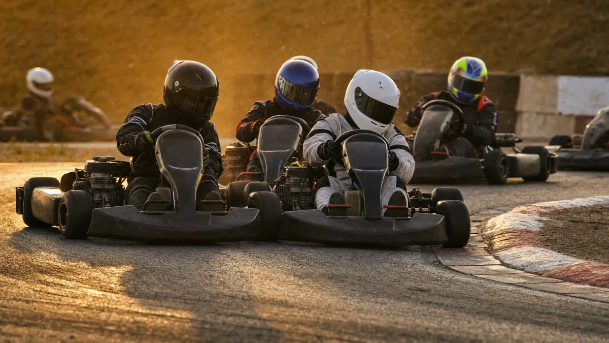 Karter i tät strid genom en kurva på en gokartbana, illustrerar gokart i Skövde.