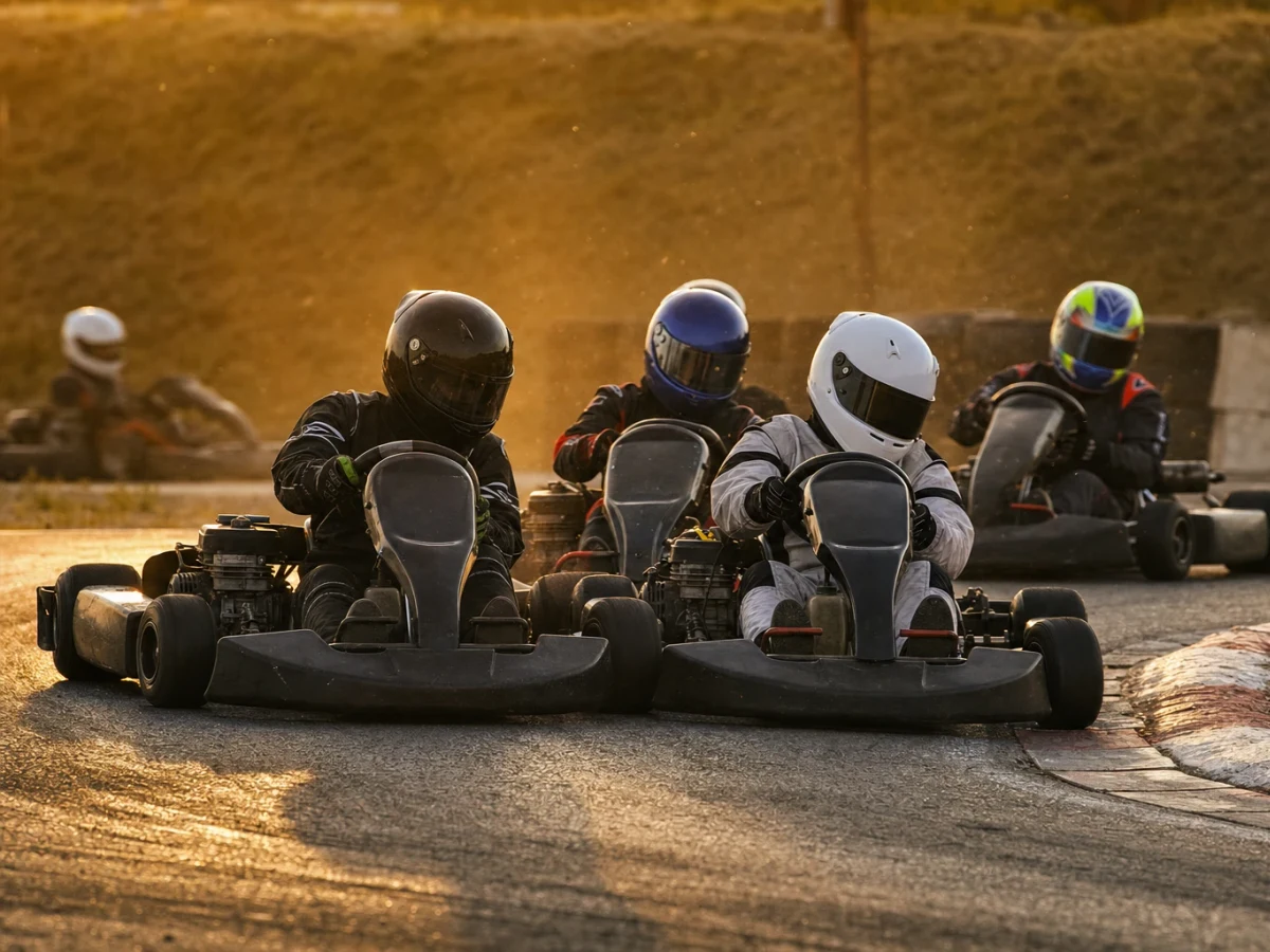 Karter i tät strid genom en kurva på en gokartbana, illustrerar gokart i Skövde.