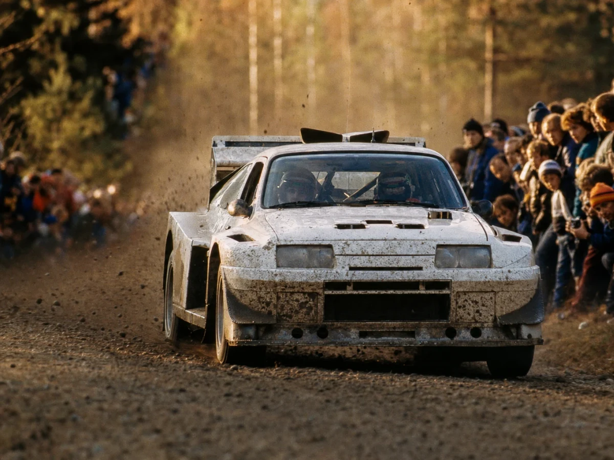 Fyrhjulsdriven Grupp B-rallybil på grusväg i högt tempo