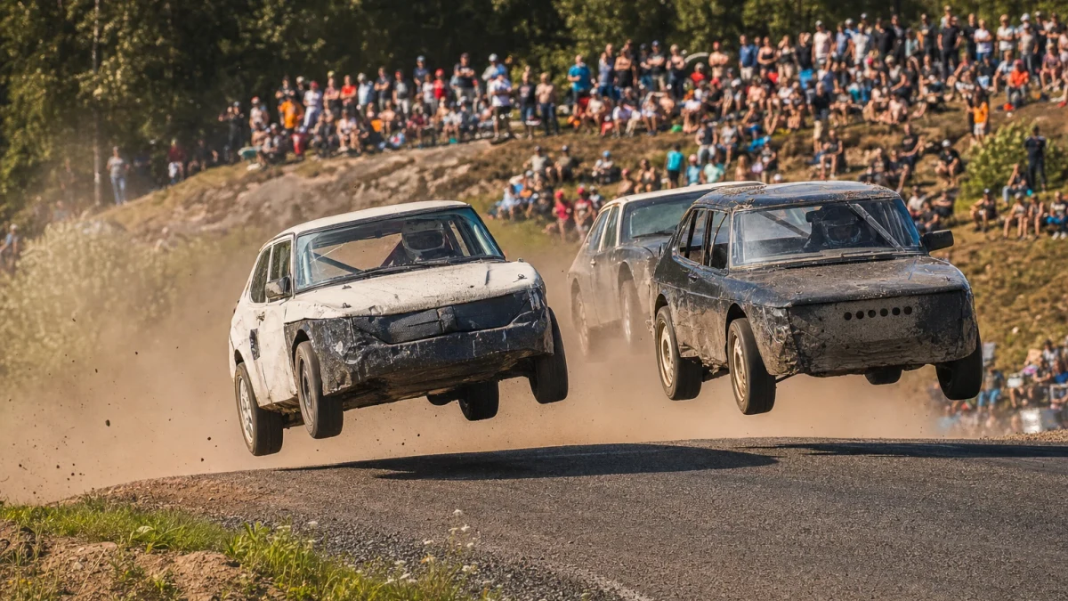 Rallycrossbilar i tät kamp på den backiga banan i Höljes