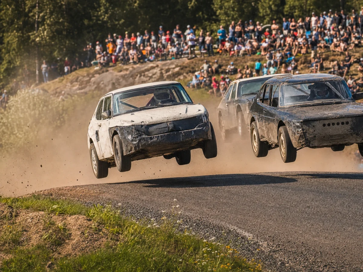 Rallycrossbilar i tät kamp på den backiga banan i Höljes