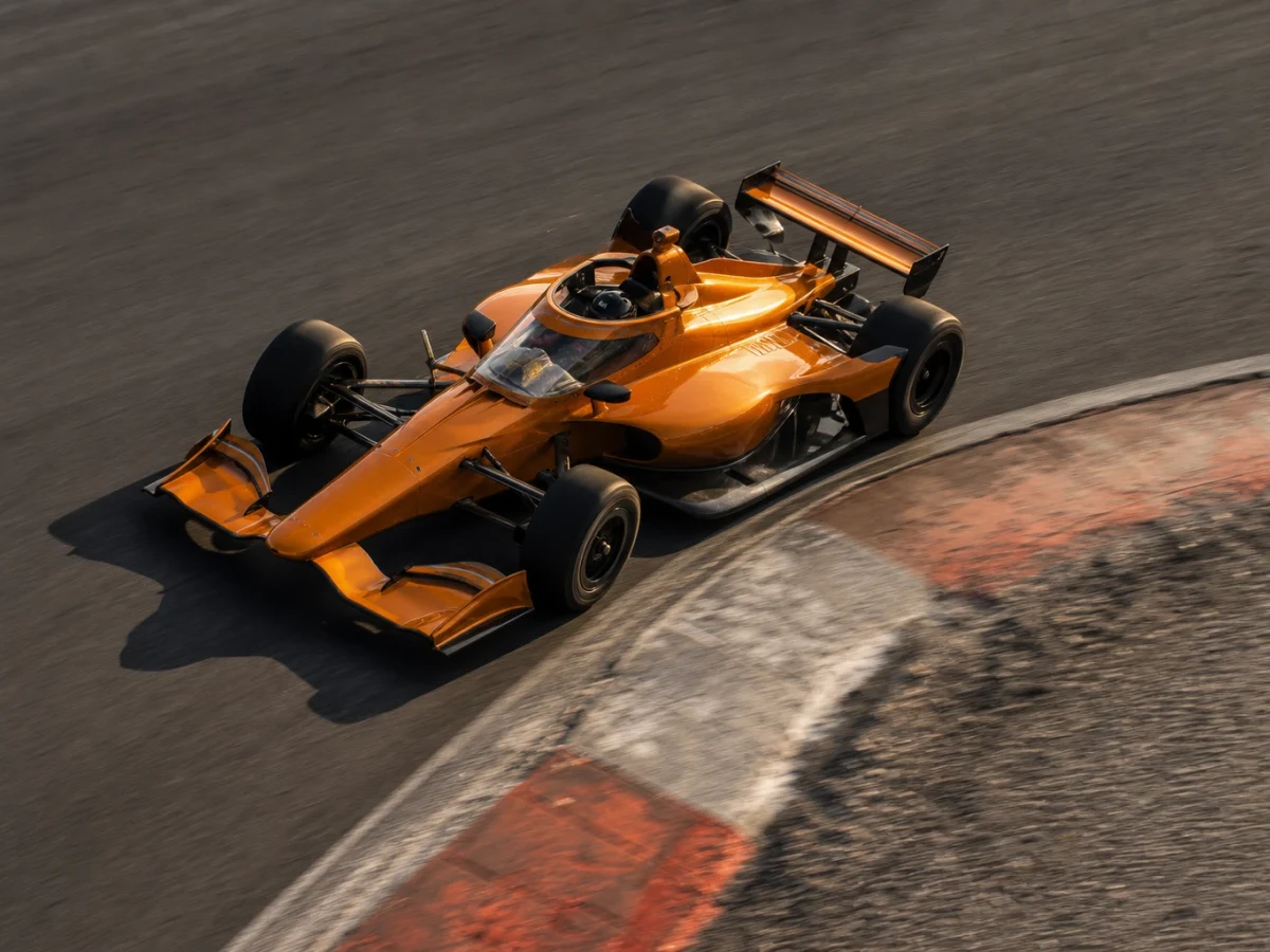 IndyCar-bil i full fart på en oval med öppna hjul och aeroskärm