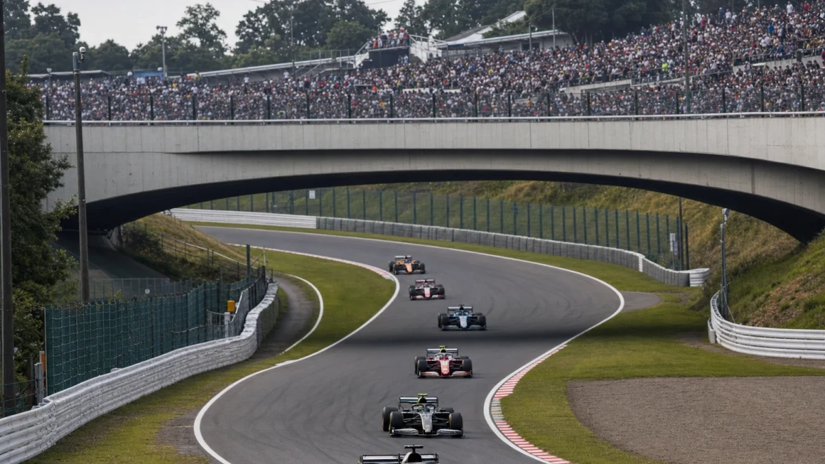 Formel 1-bilar genom en snabb kurva på en internationell racerbana