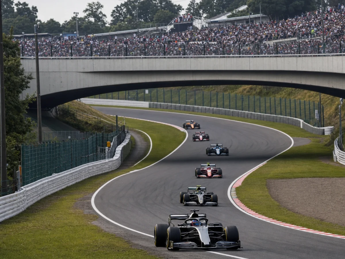 Formel 1-bilar genom en snabb kurva på en internationell racerbana