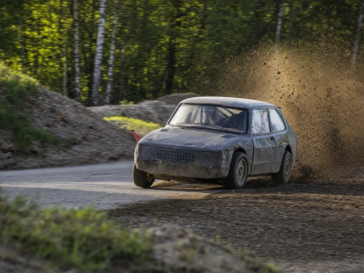 Rallycrossbil i grusrök som illustrerar teamet JC Raceteknik