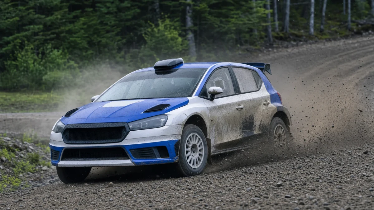 Blå och vit rallybil av Ford-modell i M-Sports färger på en grusväg