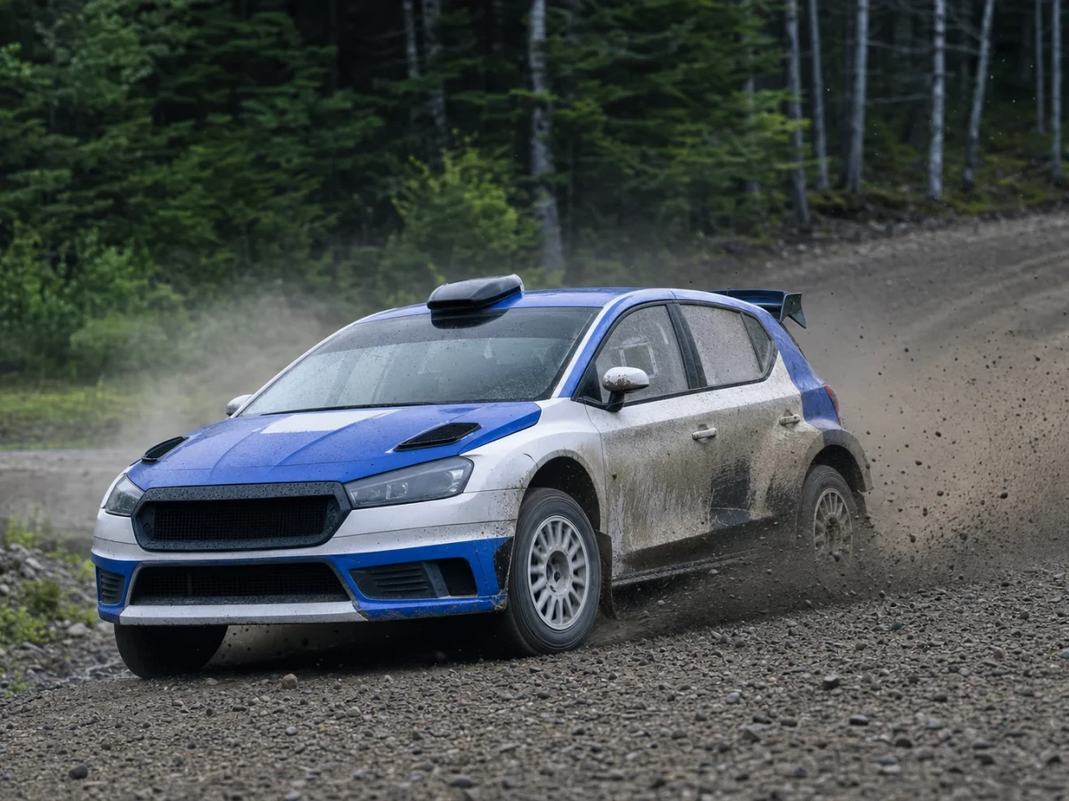 Blå och vit rallybil av Ford-modell i M-Sports färger på en grusväg