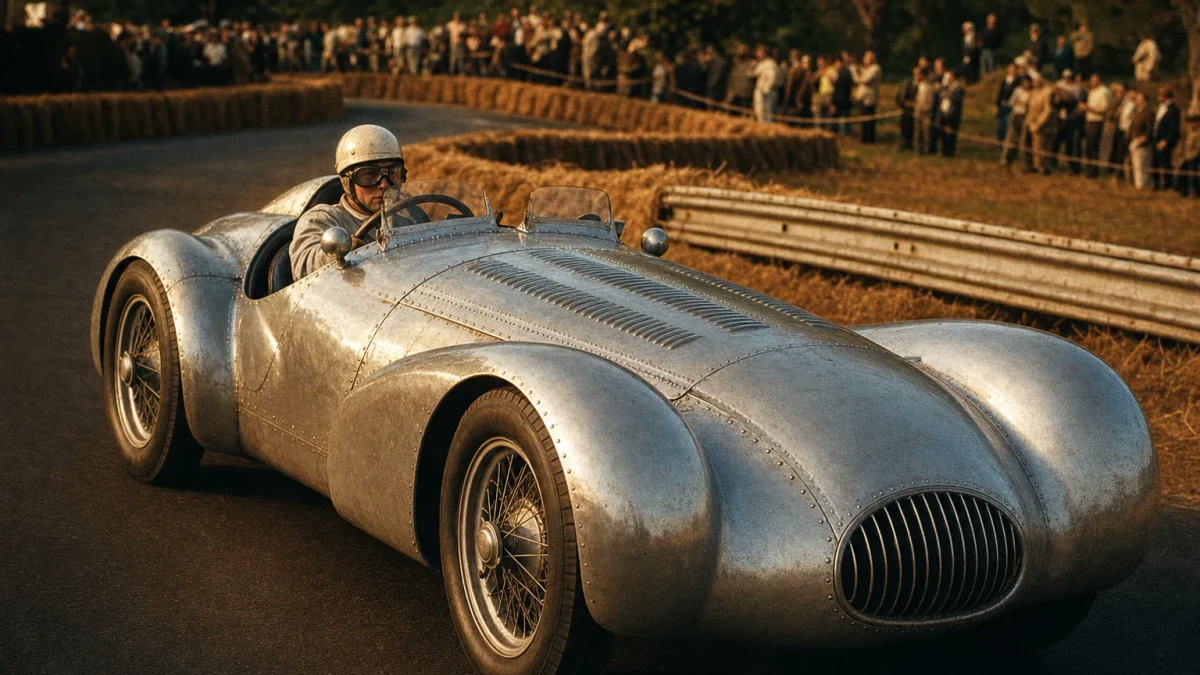 En silverfärgad sportvagnsracer från mitten av 1950-talet på en bana