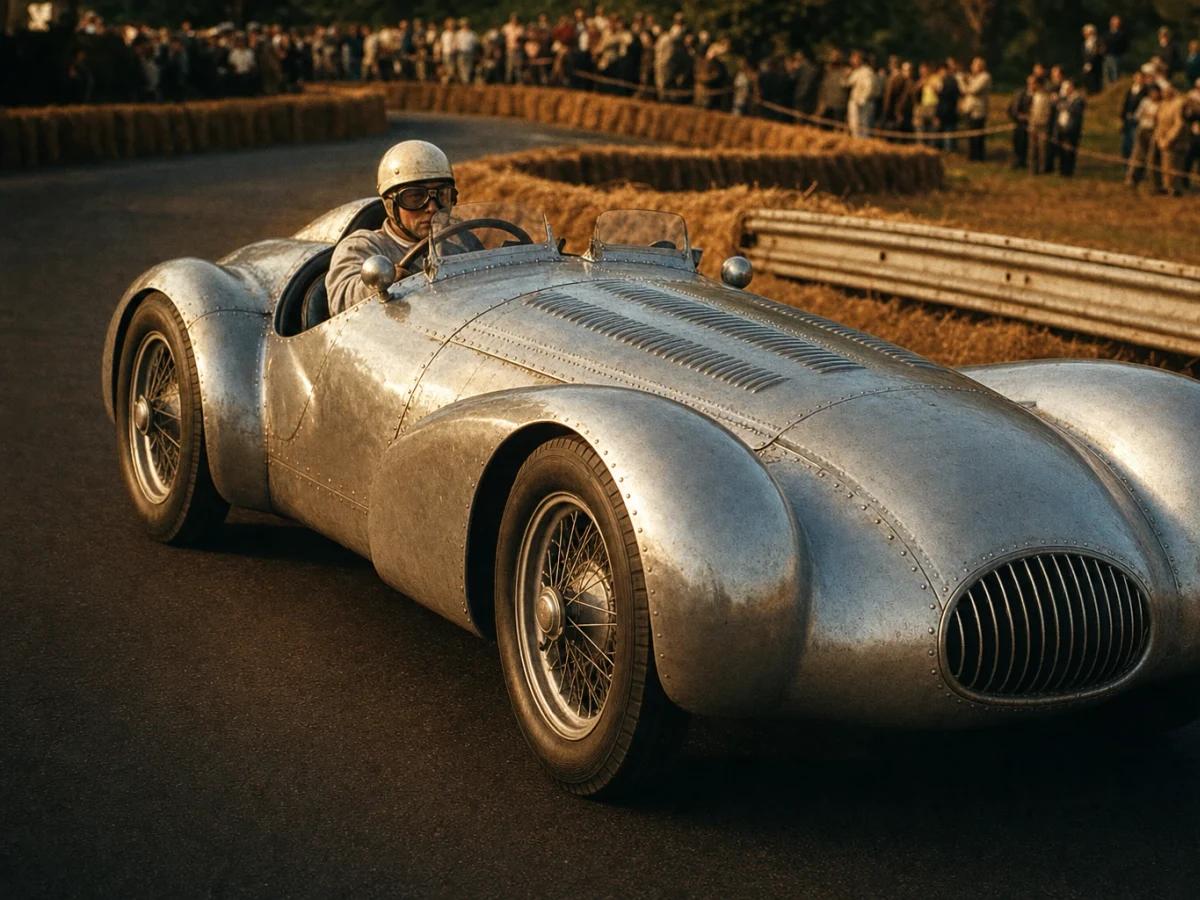 En silverfärgad sportvagnsracer från mitten av 1950-talet på en bana