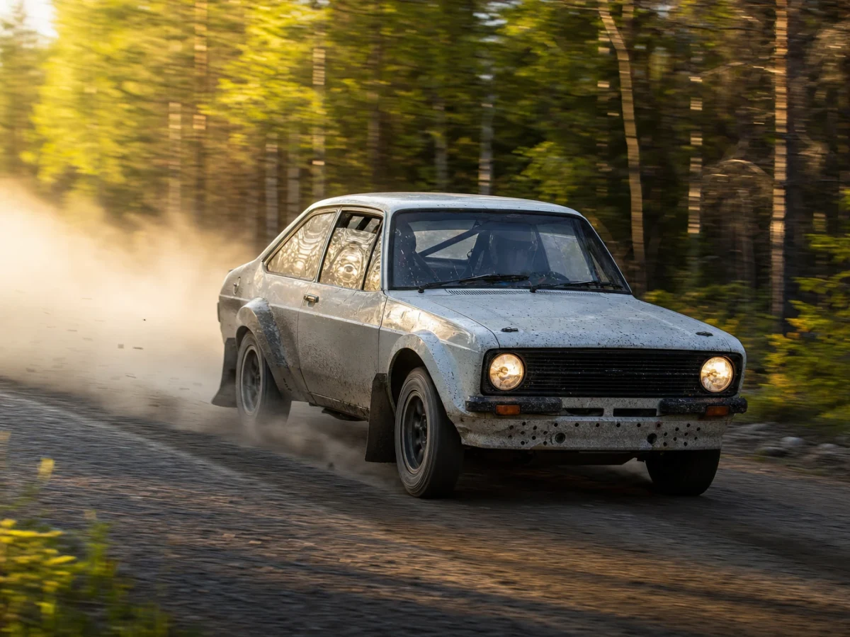 Historisk rallybil på svensk grusväg i ljus sommarnatt av Midnattssolsrallyts typ