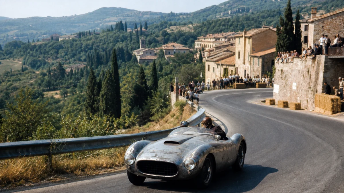 Klassisk sportbil på en italiensk landsväg som illustrerar Mille Miglia