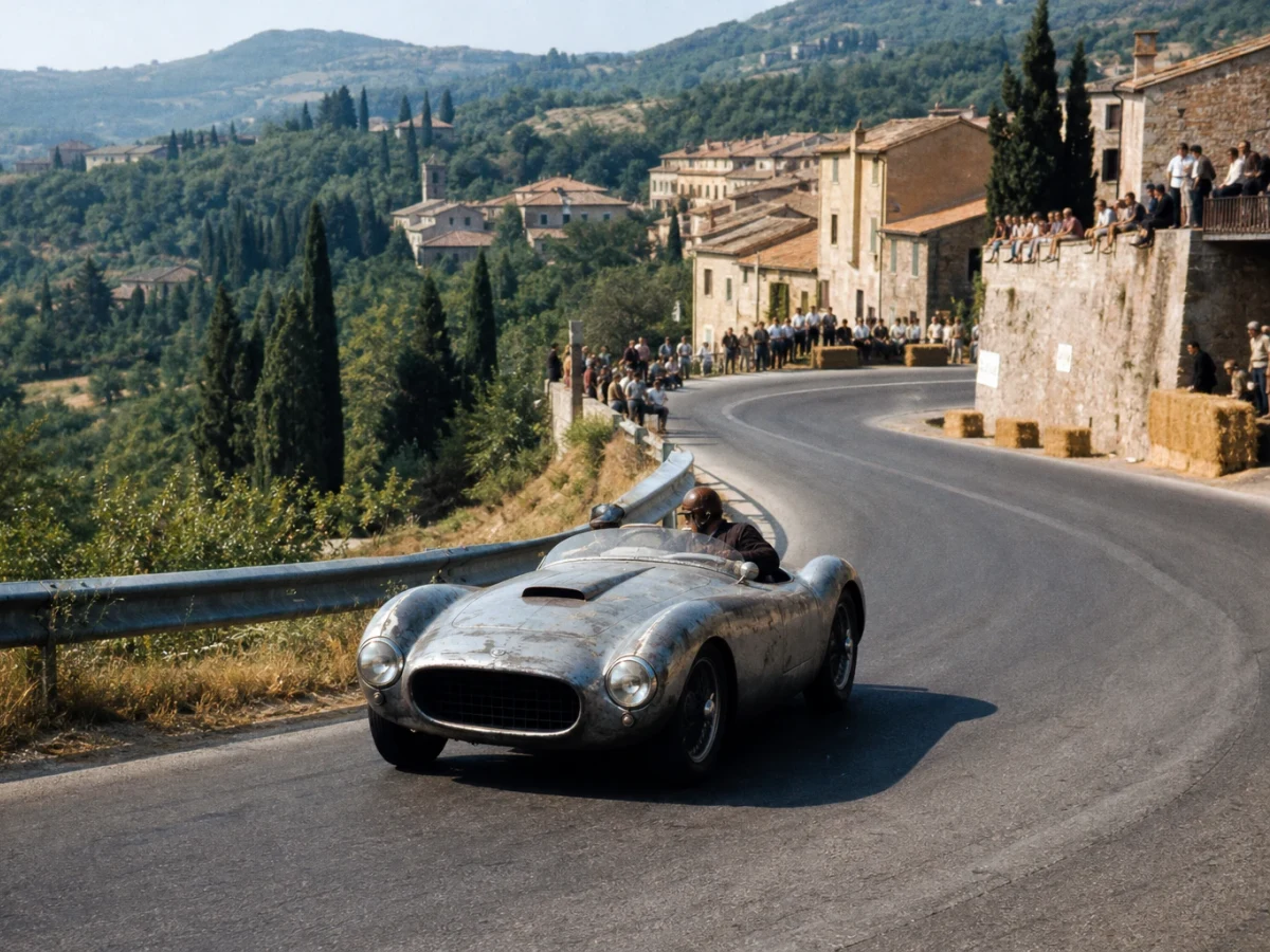 Klassisk sportbil på en italiensk landsväg som illustrerar Mille Miglia
