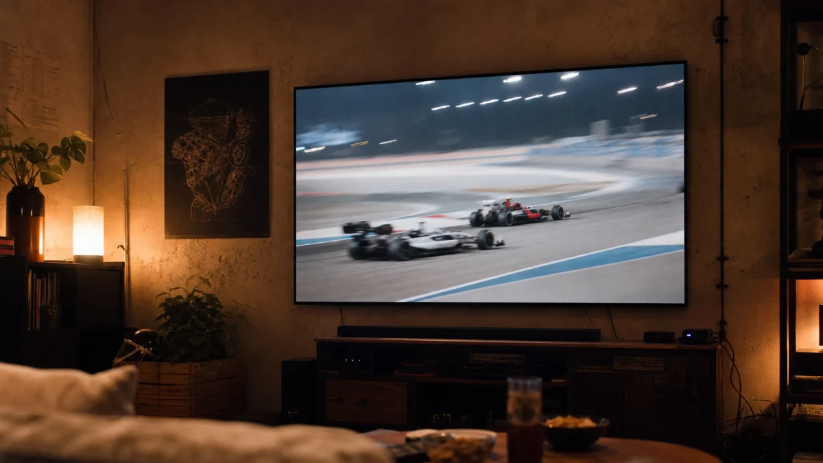 Motorsport som sänds på en TV-skärm i ett vardagsrum