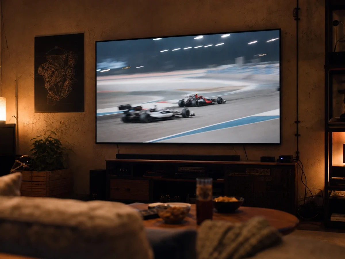 Motorsport som sänds på en TV-skärm i ett vardagsrum