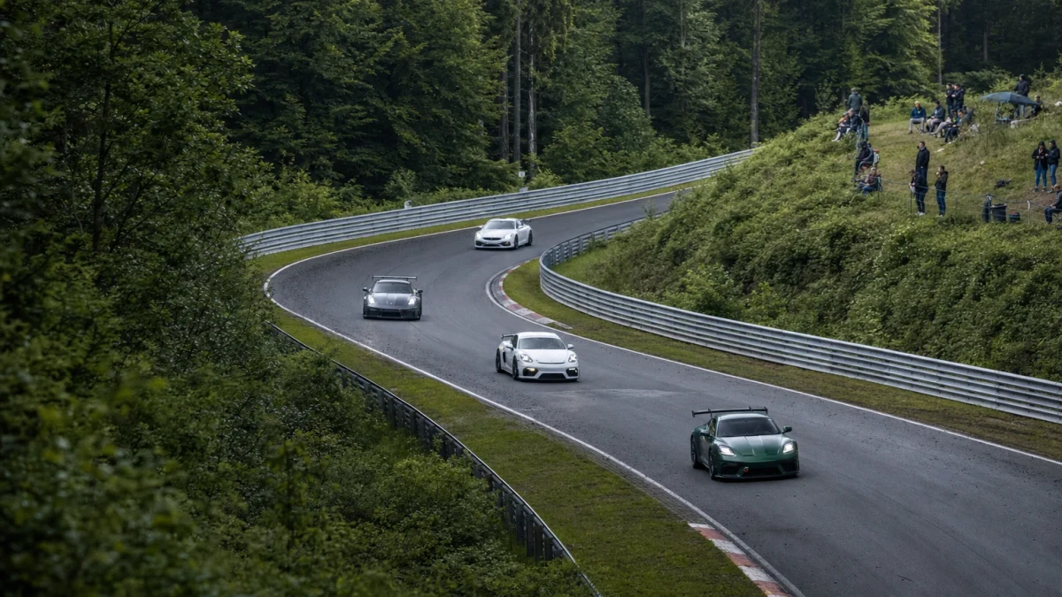 GT-bilar på en lång tävlingsbana omgiven av skog som illustrerar Nordschleife