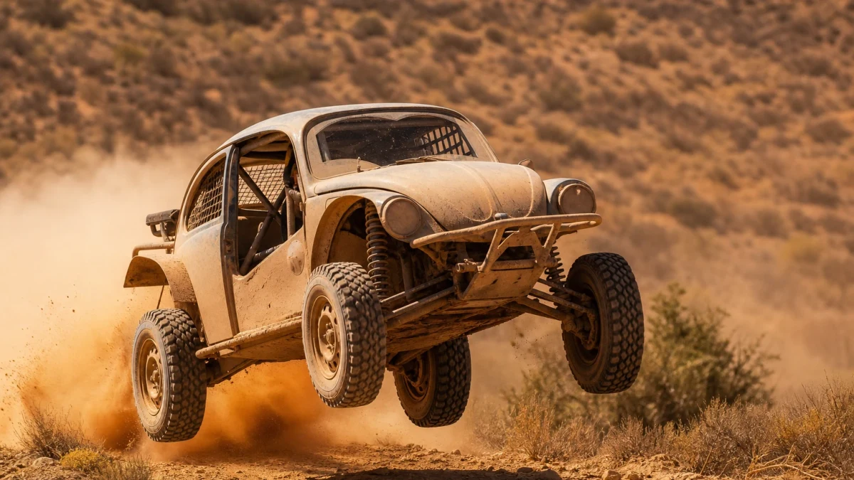 Ombyggd Volkswagen-bubbla av Baja Bug-typ i ökenmiljö